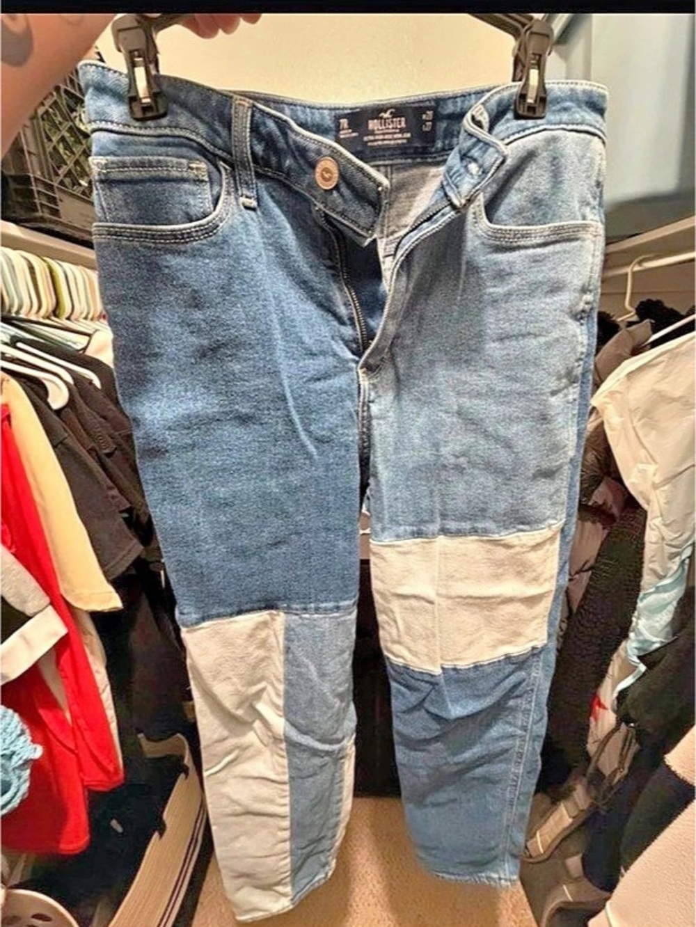 Hollister Ultra High-Rise Colorblock Mom Jeans Blue & White Waist 28